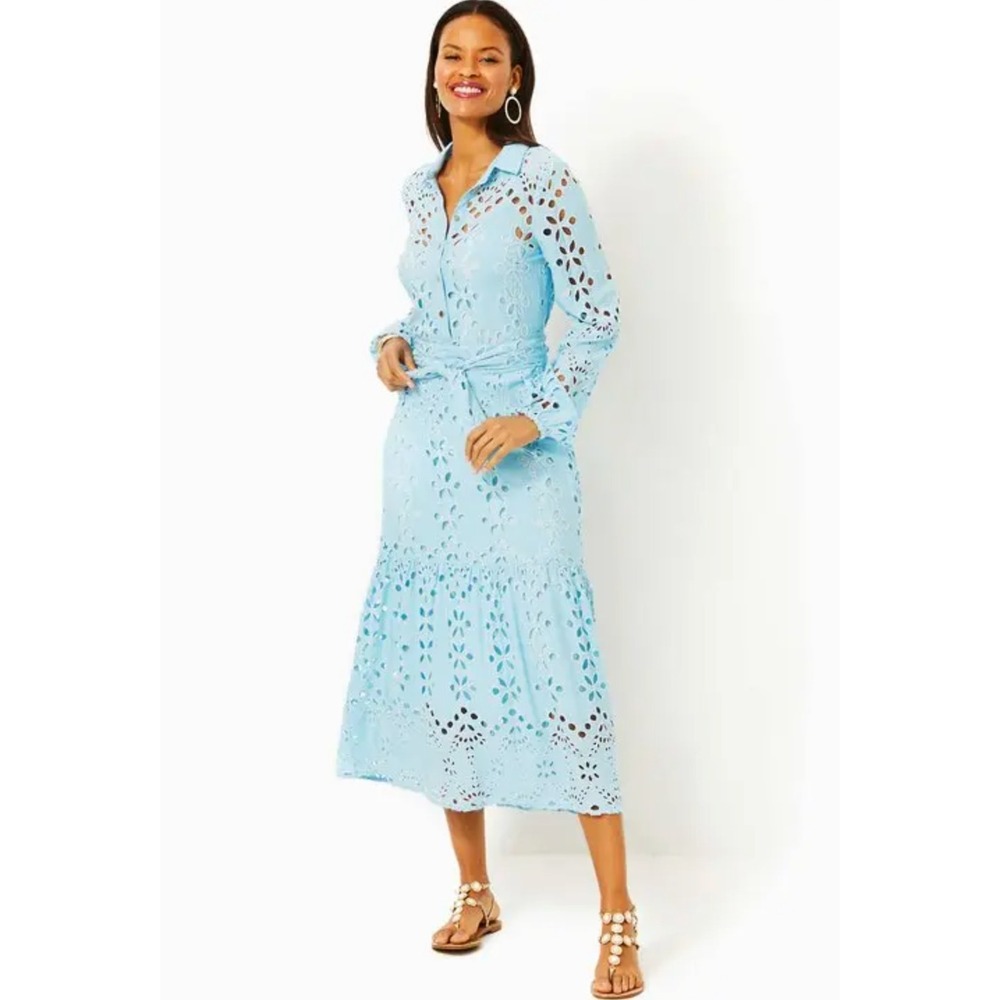Lilly Pulitzer Zia Eyelet Midi Shirtdress in Hydra Blue Soiree Eyelet